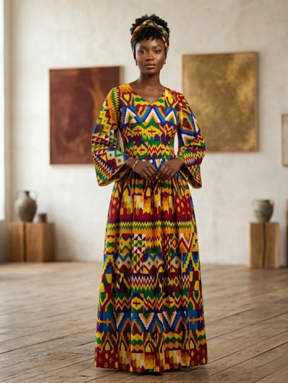 Handmade African Bright Geometric Pattern Bell Sleeves Cotton Beautiful Maxi